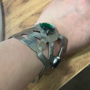 Dkny Silver-Tone Cuff Bracelet with Green Gem Accents